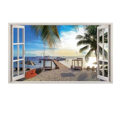 Виниловая наклейка на стену 3D окно с морским пейзажем пальмами и лодками - 130 х 80 см цена и информация | Декоративные наклейки | 220.lv