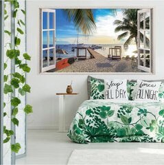 Vinila sienas uzlīme 3D logs ar jūras ainavas palmām un laivām — 130 x 80 cm cena un informācija | Dekoratīvās uzlīmes | 220.lv