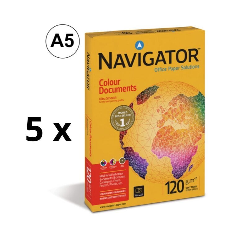 Biroja papīrs Navigator A5, 120 g/m2, 250 lapas, 5 gab. cena un informācija | Burtnīcas un papīra preces | 220.lv