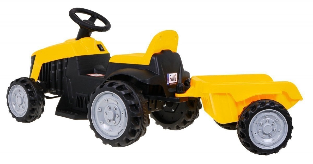 Pedāļu traktors ar akumulatoru un piekabi, dzeltens цена и информация | Bērnu elektroauto | 220.lv