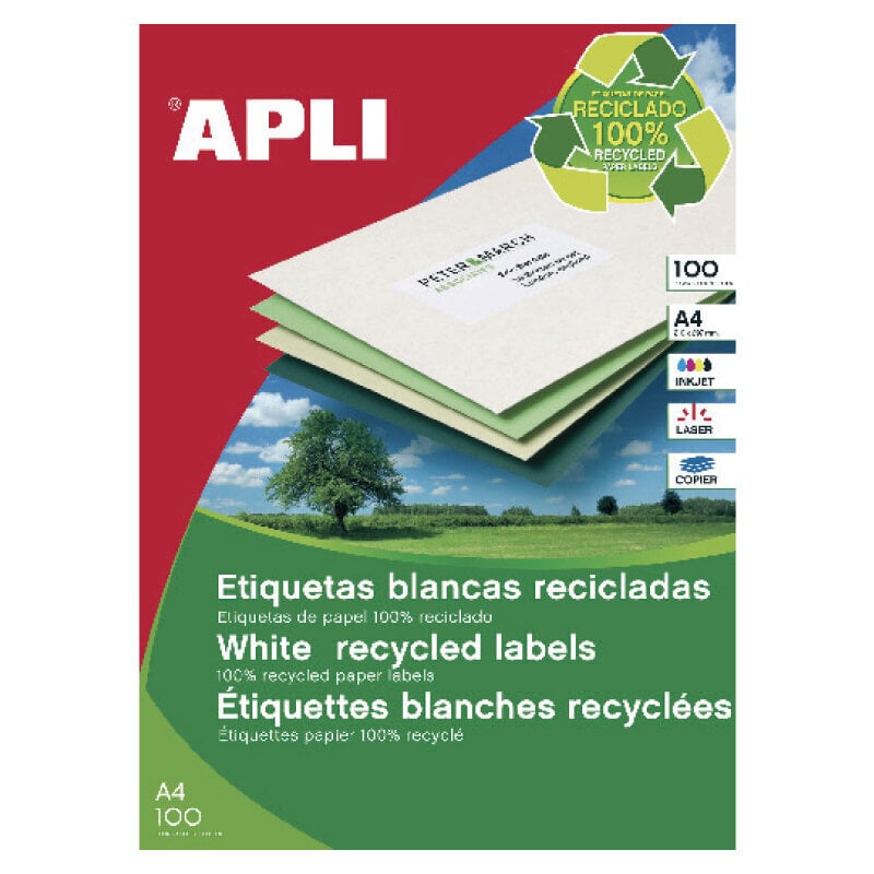 Līmes etiķetes APLI, 105 x 148 mm, A4, pārstrādātas, 4 uzlīmes uz lapas, 100 loksnes, baltas цена и информация | Kancelejas preces | 220.lv