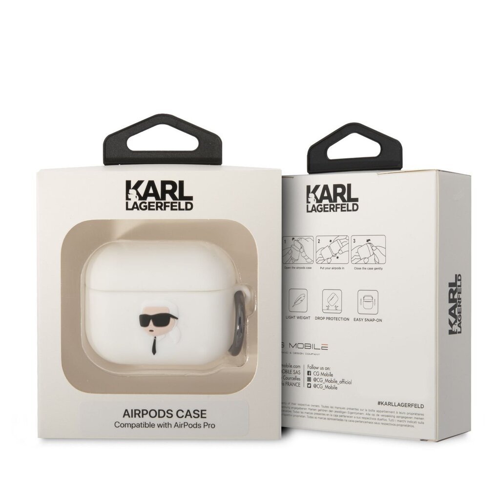 Austiņu maciņš Karl Lagerfeld 3D Logo NFT Karl Head Silicone Case for Airpods Pro, balts cena un informācija | Austiņu piederumi | 220.lv