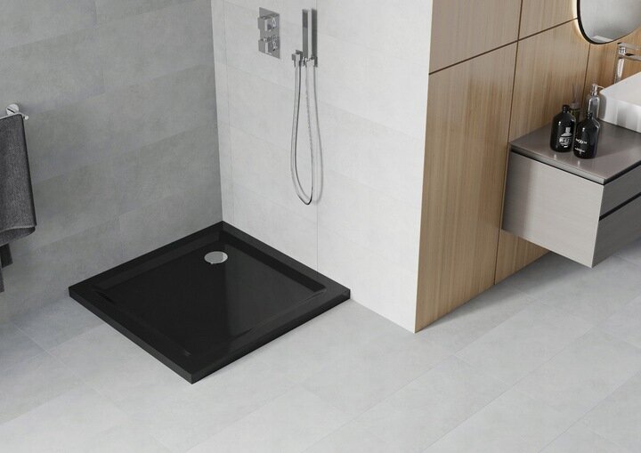 Kvadrāta dušas paliktnis Mexen Flat Slim ar sifonu, Black+Chrome, 80x80, 90x90 cm cena un informācija | Dušas paliktņi | 220.lv