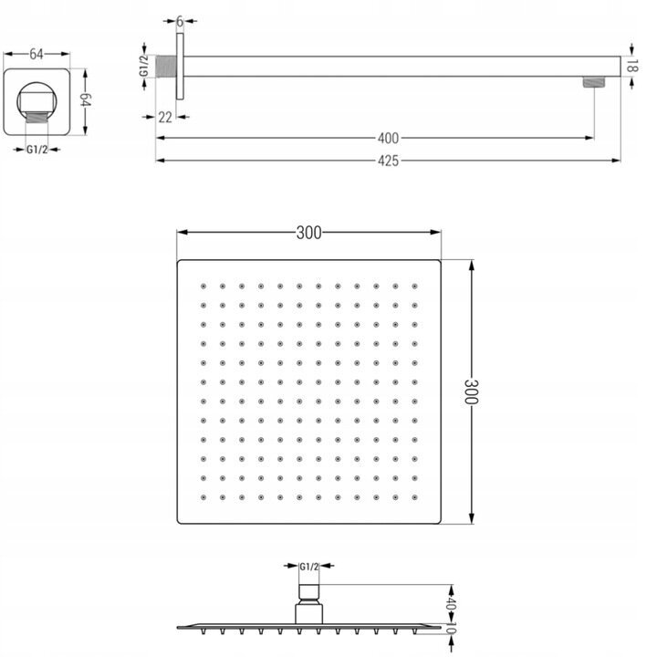 Zemapmetuma dušas komplekts ar termostatu Mexen Cube 6in1, 30x30 cm, Black cena un informācija | Dušas komplekti un paneļi | 220.lv