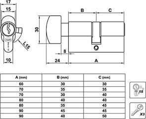 Cilindrs ar aizgriezni 9500, 35+35=70mm, hromēts, matēts цена и информация | Дверные замки | 220.lv