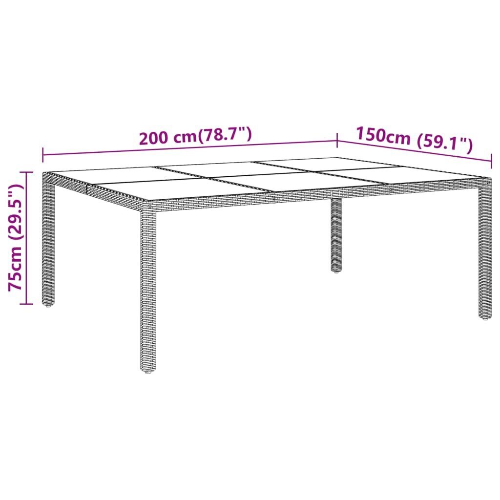 vidaXL dārza galds, 200x150x75cm, rūdīts stikls, pelēka PE rotangpalma cena un informācija | Dārza galdi | 220.lv