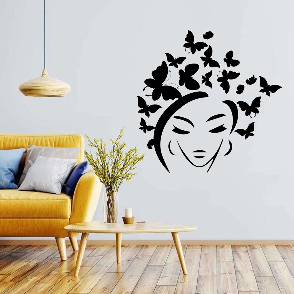 Vinila sienas uzlīme Sieviete ar tauriņiem matos Sieviešu silueta uzlīme interjera dekors — 120 x 120 cm cena un informācija | Dekoratīvās uzlīmes | 220.lv