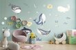 Vinila sienas uzlīmes okeāna, vaļu un zivju jūras stila interjera dekors - 200 x 200 cm цена и информация | Dekoratīvās uzlīmes | 220.lv