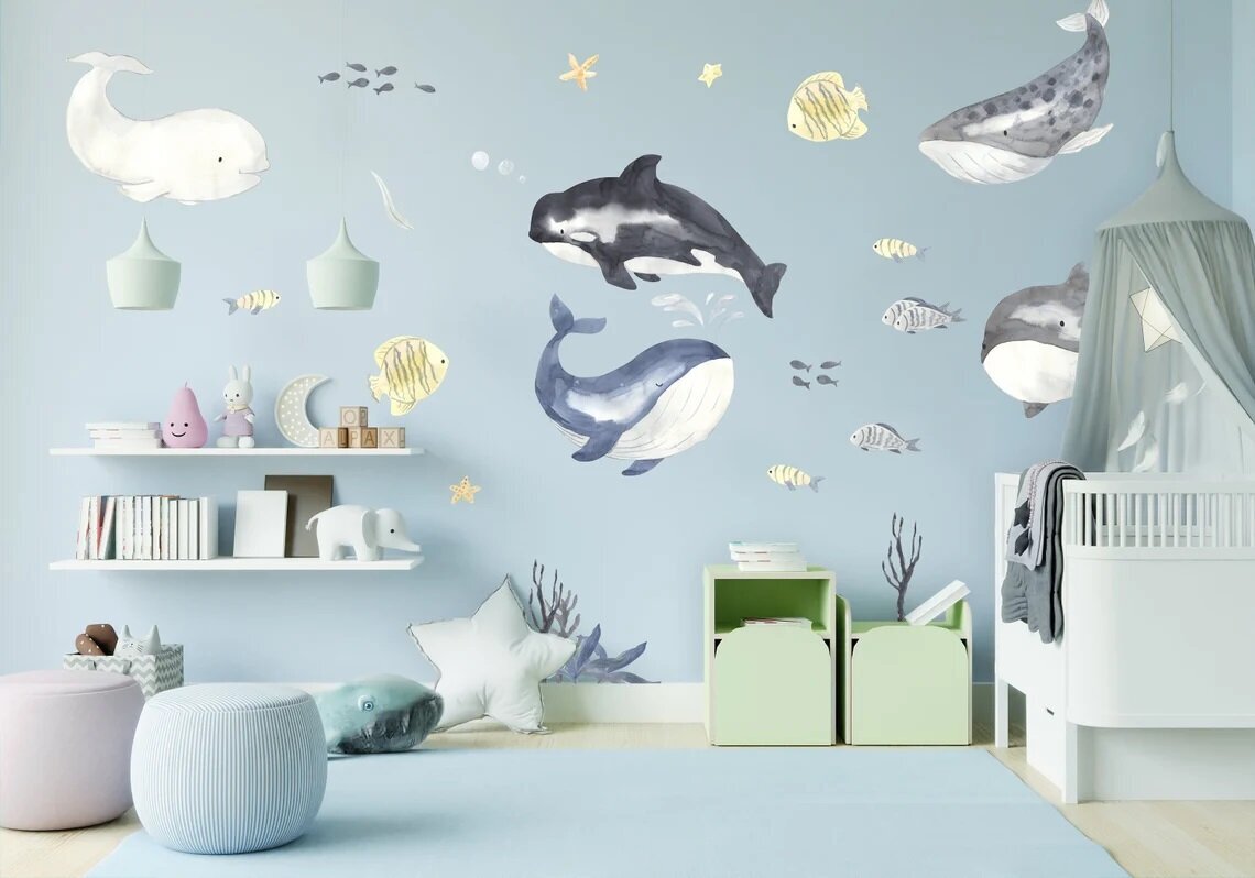 Vinila sienas uzlīmes okeāna, vaļu un zivju jūras stila interjera dekors - 200 x 200 cm cena un informācija | Dekoratīvās uzlīmes | 220.lv