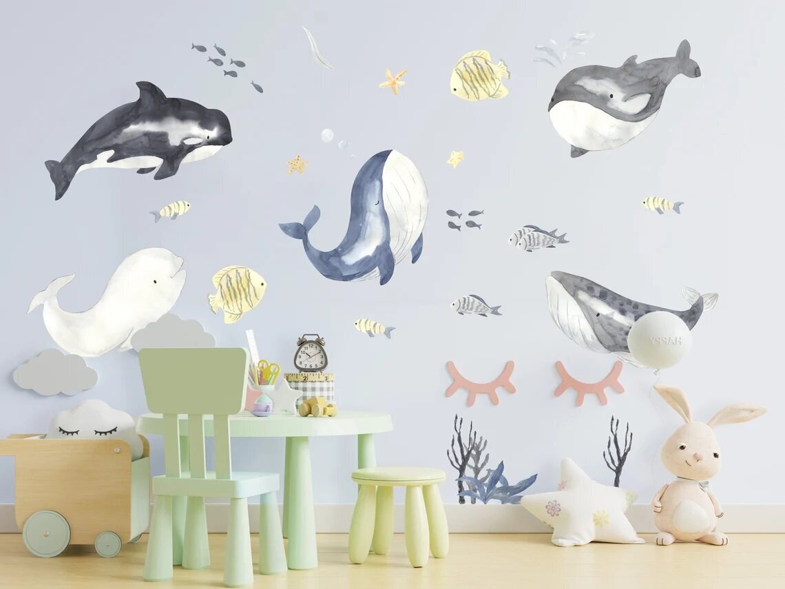 Vinila sienas uzlīmes okeāna, vaļu un zivju jūras stila interjera dekors - 200 x 200 cm cena un informācija | Dekoratīvās uzlīmes | 220.lv