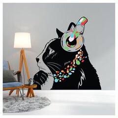 Vinila sienas uzlīme domājošs kaķis ar austiņām ar caurspīdīgu fona interjeru — 200 x 137 cm cena un informācija | Dekoratīvās uzlīmes | 220.lv