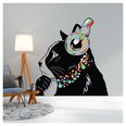 Vinila sienas uzlīme domājošs kaķis ar austiņām ar caurspīdīgu fona interjeru — 200 x 137 cm
