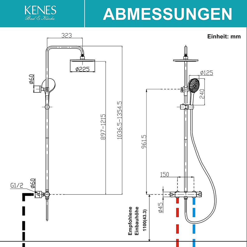 KENES KE-6034A-5 dušas sistēma, hromēta, 4 režīmi cena un informācija | Dušas komplekti un paneļi | 220.lv