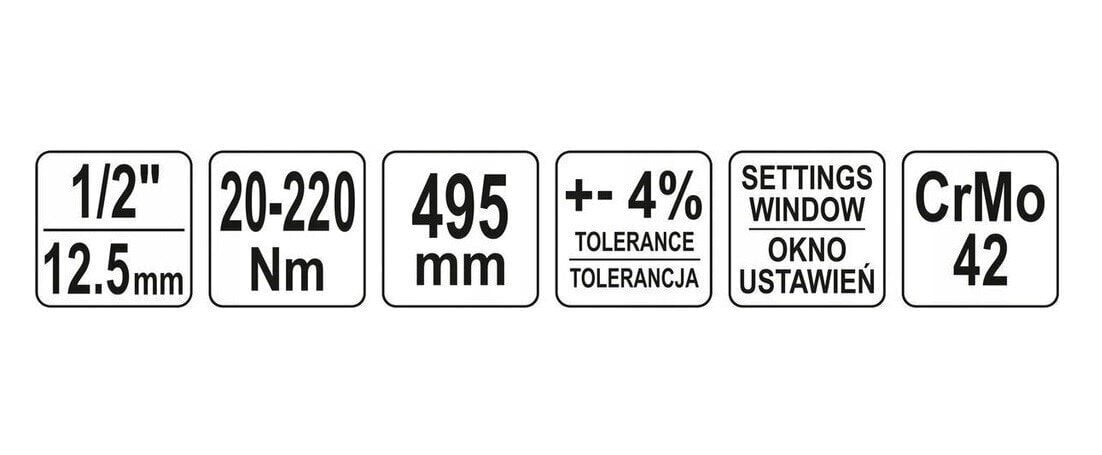 Dinamometriskā atslēga YATO, 20-220Nm, 1/2" YT-07605 cena un informācija | Rokas instrumenti | 220.lv