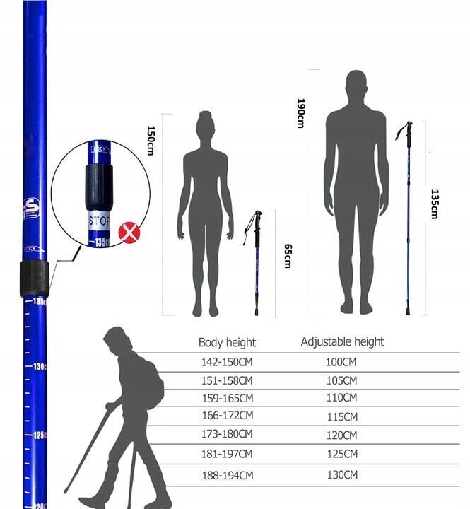 3 līmeņu teleskopiskās nūjošanas nūjas, 63 līdz 135 cm, zilas cena un informācija | Nūjošanas nūjas | 220.lv