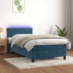 vidaXL atsperu gulta ar matraci, LED, tumši zils samts, 90x190 cm cena un informācija | Gultas | 220.lv