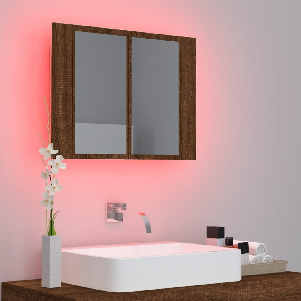 vidaXL vannasistabas spoguļskapītis ar LED, ozolkoka krāsa, 60x12x45cm cena un informācija | Vannas istabas skapīši | 220.lv