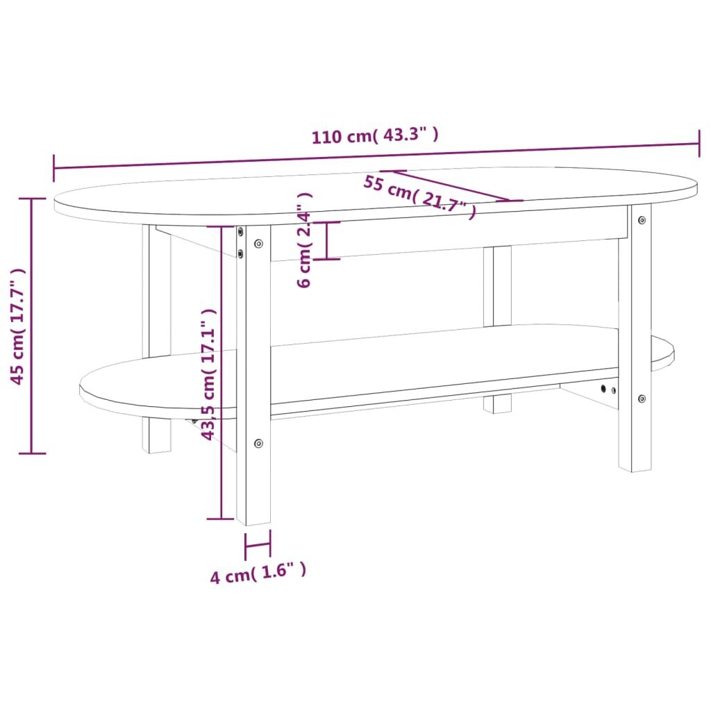 vidaXL kafijas galdiņš, 110x55x45 cm, priedes masīvkoks cena un informācija | Žurnālgaldiņi | 220.lv