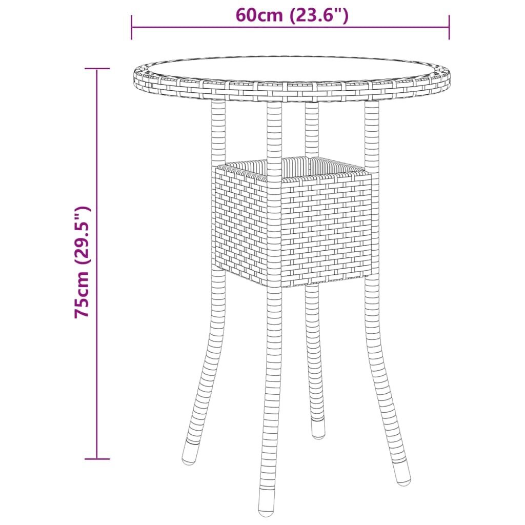 vidaXL dārza galds, Ø60x75 cm, melns, rūdīts stikls, PE rotangpalma cena un informācija | Dārza galdi | 220.lv