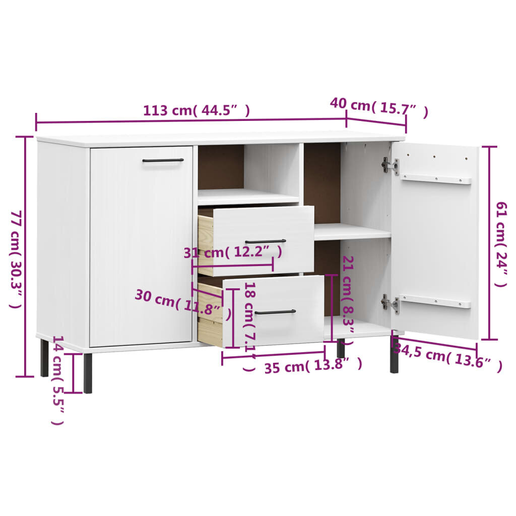 vidaXL kumode ar metāla kājām OSLO, balta, 113x40x77 cm, masīvkoks cena un informācija | Skapīši viesistabai | 220.lv