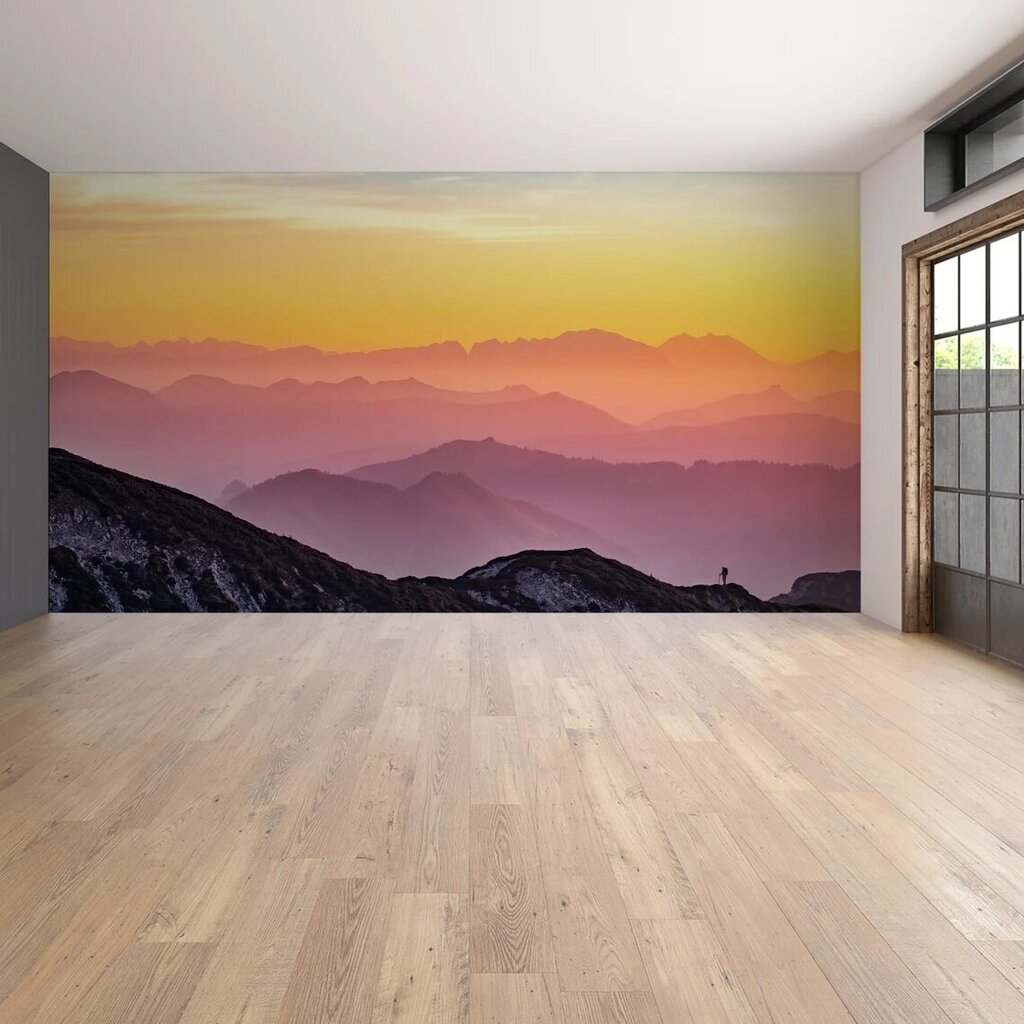 Sienas gleznojums ar saulrietu kalnos Tapete ar skaistu ainavu Interjera dekors - 390 x 280 cm cena un informācija | Dekoratīvās uzlīmes | 220.lv