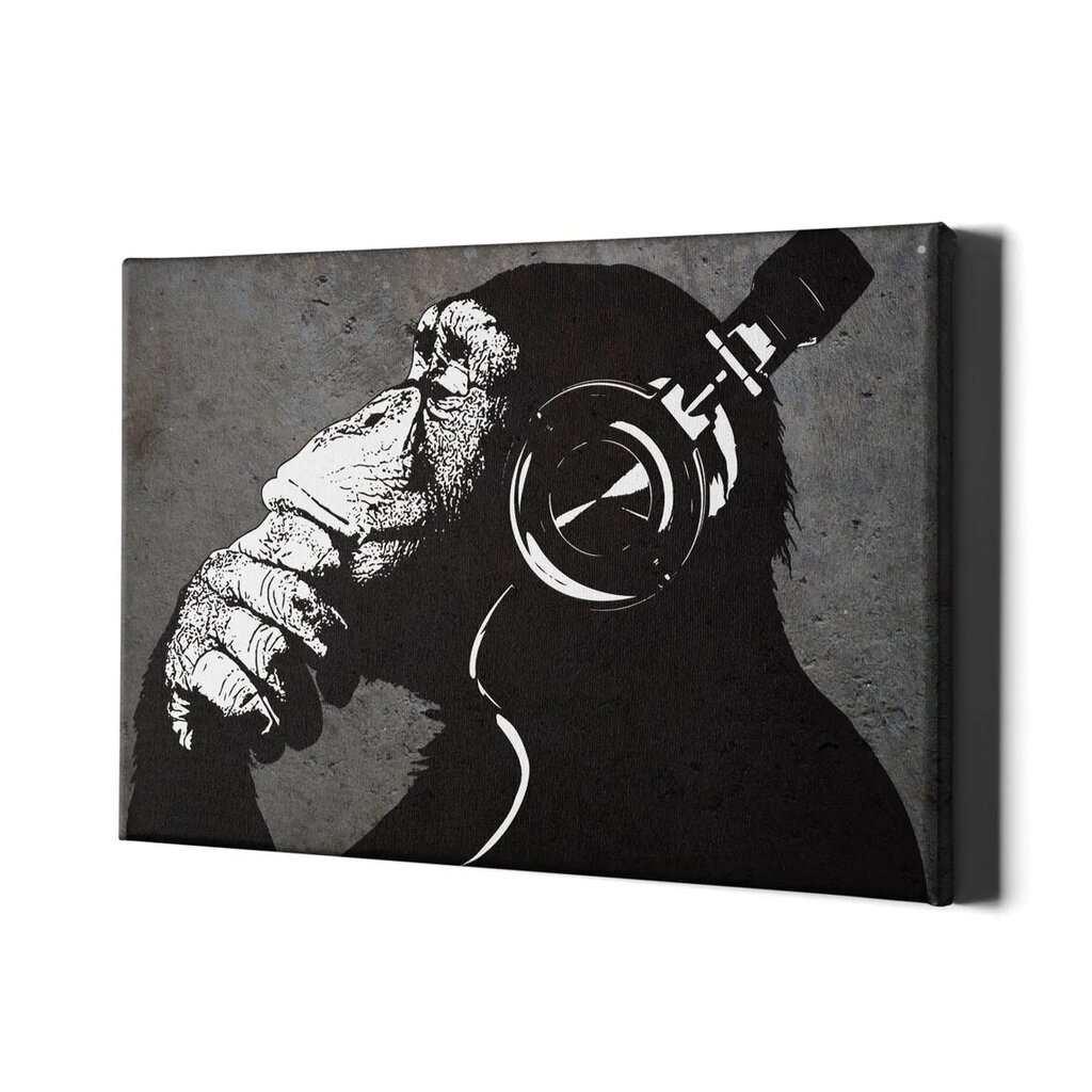 Sienas apdruka Audekls Banksy Dj Monkey ar austiņām melnbalts grafiti interjera dekors - 60 x 40 cm cena un informācija | Gleznas | 220.lv