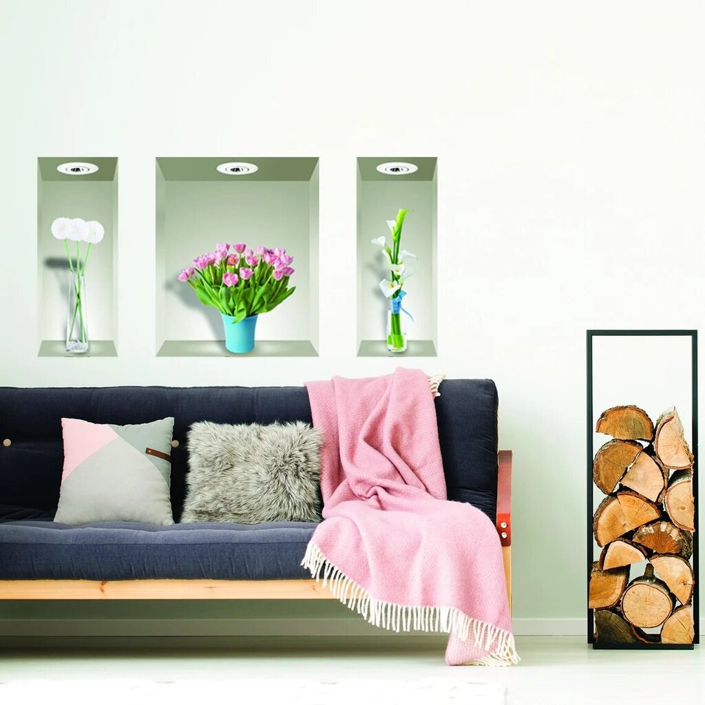 Vinila uzlīmes uz sienas 3D plauktiem ar vāzēm ar skaistām interjera dekoru krāsām - 3 gab., 55 cm cena un informācija | Dekoratīvās uzlīmes | 220.lv