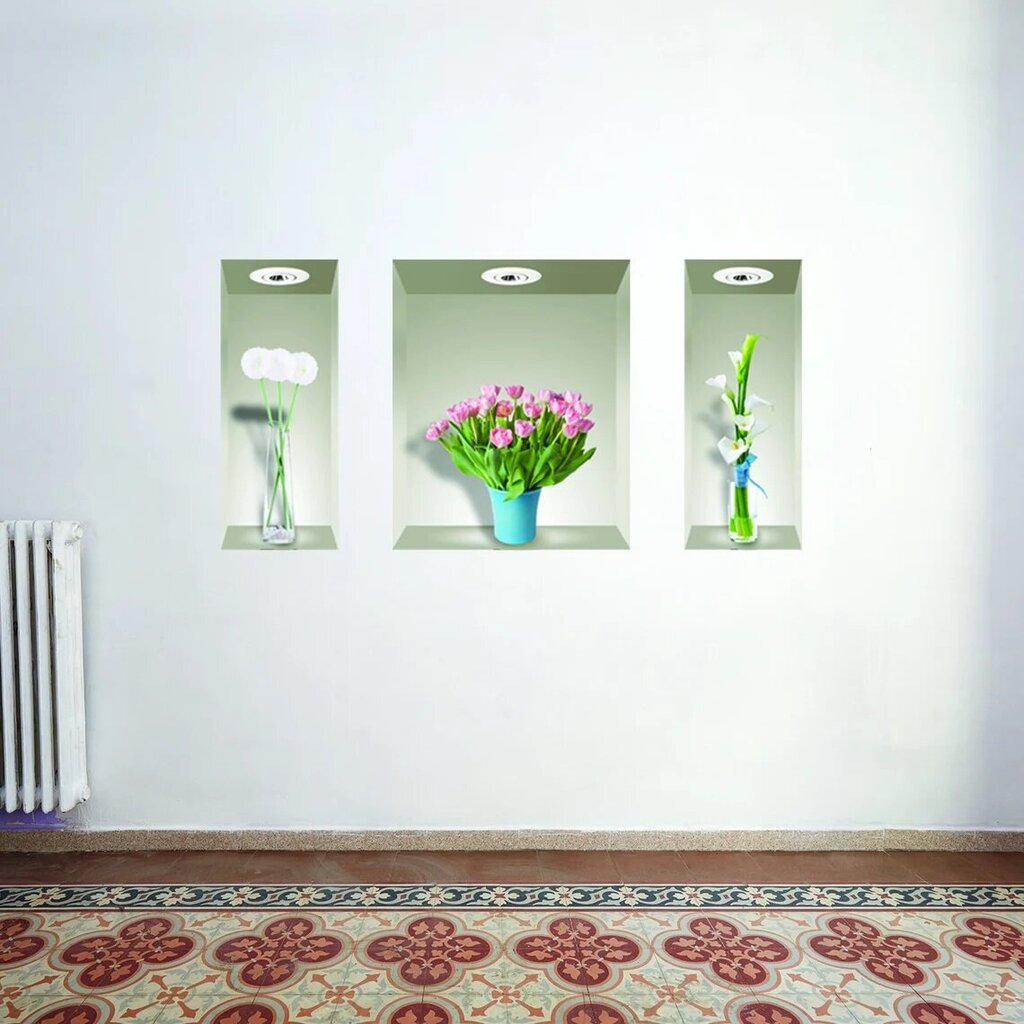 Vinila uzlīmes uz sienas 3D plauktiem ar vāzēm ar skaistām interjera dekoru krāsām - 3 gab., 55 cm cena un informācija | Dekoratīvās uzlīmes | 220.lv