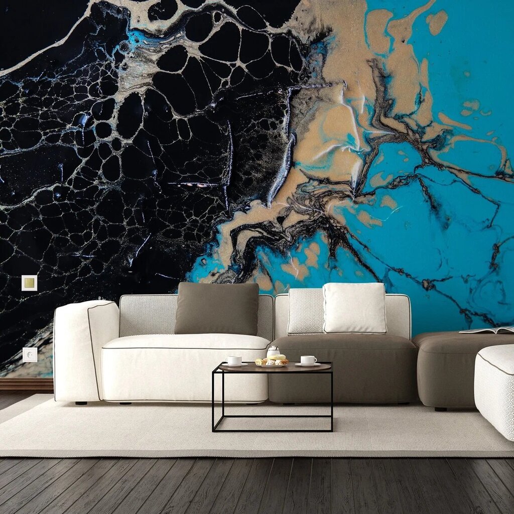 Fotoattēlu tapetes ar melnu un zilu marmora attēlu, tapetes ar spilgti marmora efektu, interjera dekors - 390 x 280 cm cena un informācija | Dekoratīvās uzlīmes | 220.lv