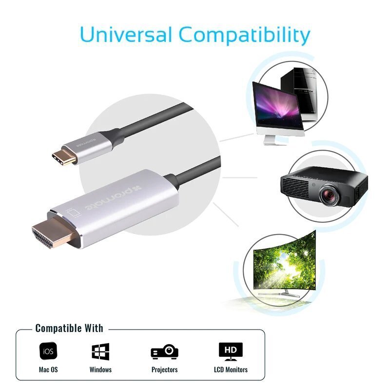 PROMATE HDLink-60H USB-C - HDMI UltraHD 3840x2160@60 kabelis 1.8m цена и информация | Kabeļi un vadi | 220.lv