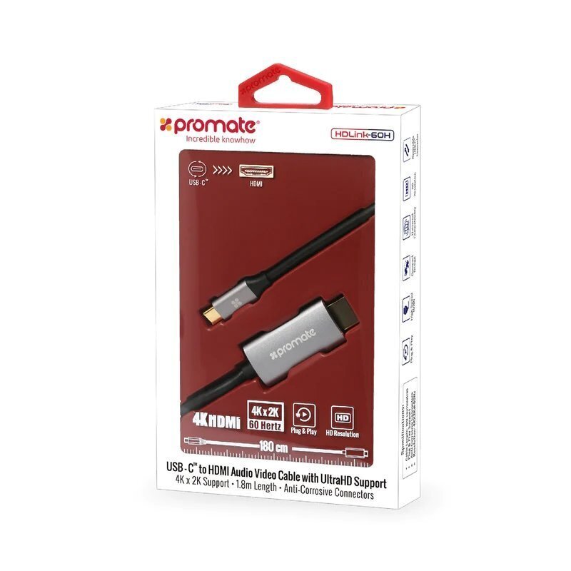 PROMATE HDLink-60H USB-C - HDMI UltraHD 3840x2160@60 kabelis 1.8m cena un informācija | Kabeļi un vadi | 220.lv