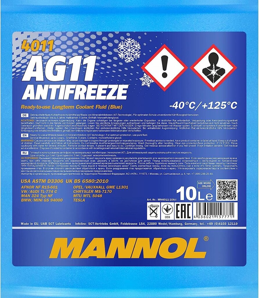 Mannol Antrefreeze AG11-40 vēsāks sala aizsardzības dzesēšanas šķidrums, 10 litri cena un informācija | Vējstiklu un dzesēšanas šķidrumi | 220.lv