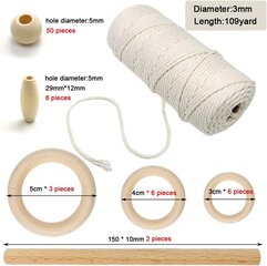 Cord makrame dzija 3 mm 56 gabali koka lodītes 15 koka gredzenu gabali 2 koka nūju gabali sienas turēšanas veidošanas darbam DIY 100 m gari cena un informācija | Šūšanas piederumi | 220.lv