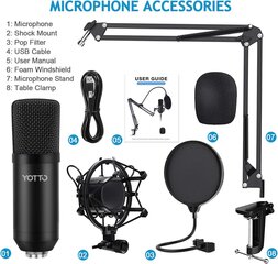 Yotto Professional USB -конденсатор микрофон комплект 192 кГц / 24bit PC Microphone с микрофоном Microphone Pop защита для записей, радио цена и информация | Микрофоны | 220.lv
