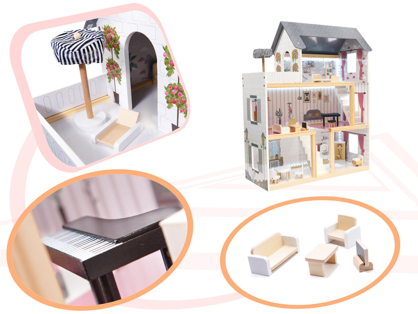 Leļļu māja, koka MDF + mēbeles, 78 cm цена и информация | Rotaļlietas meitenēm | 220.lv