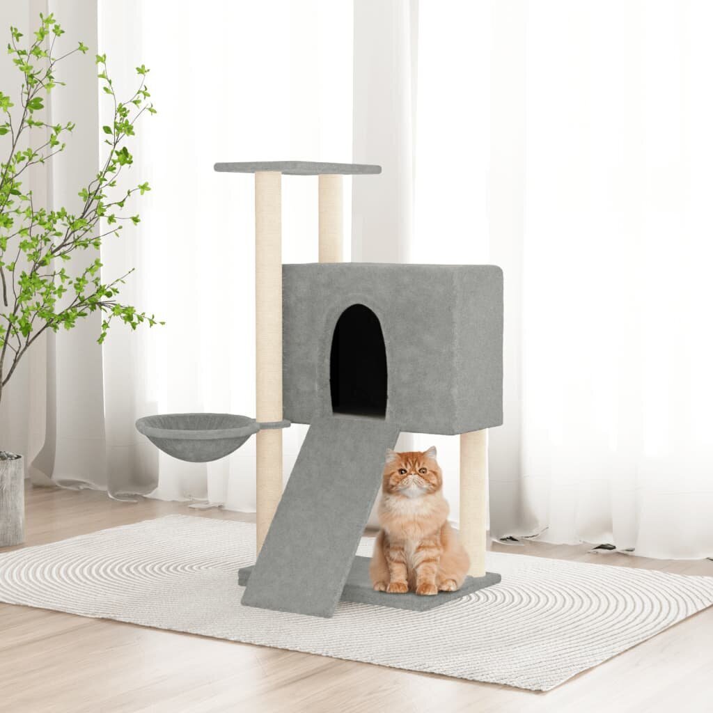 vidaXL kaķu māja ar sizala stabiem nagu asināšanai, 96 cm, pelēka cena un informācija | Kaķu mājas, nagu asināmie | 220.lv