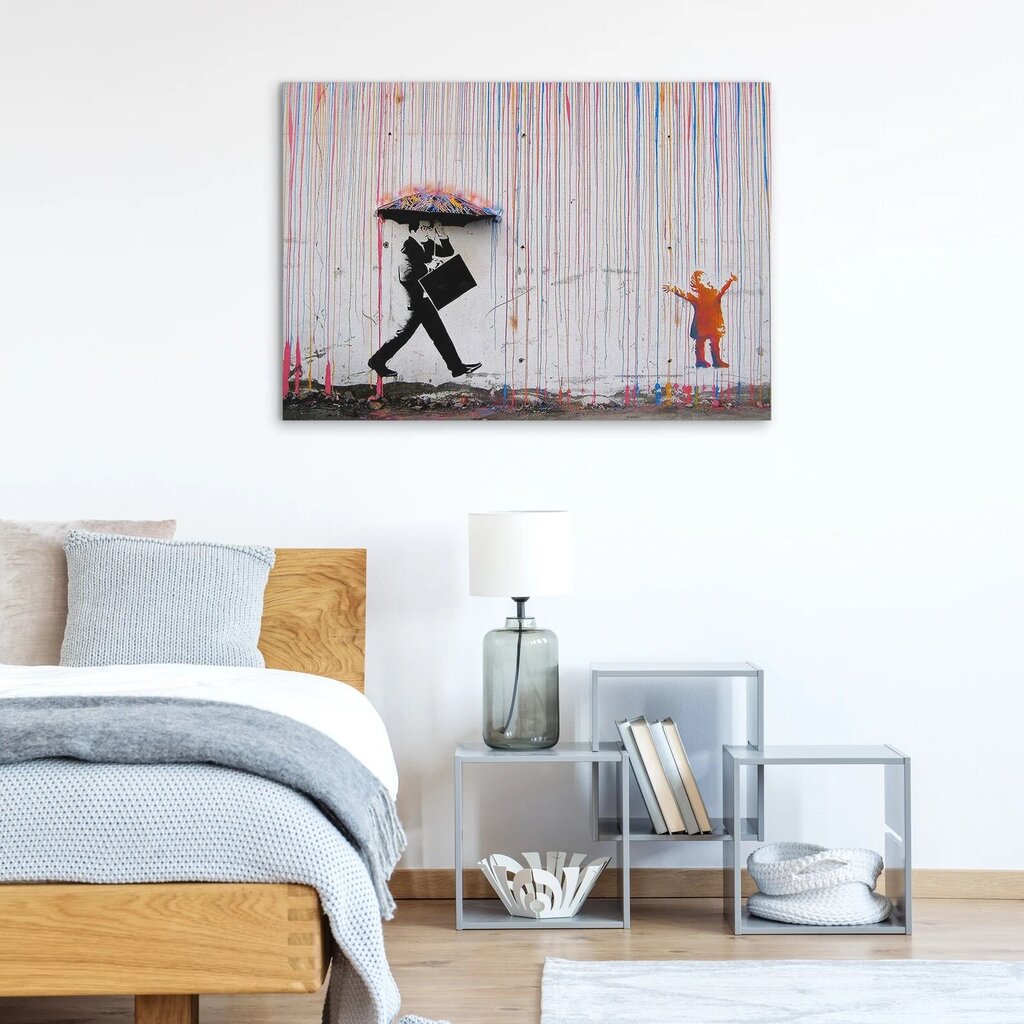 Sienas apdruka Kanvas Banksy Graffiti Rainbow Rain interjera dekors - 120 x 78 cm cena un informācija | Gleznas | 220.lv