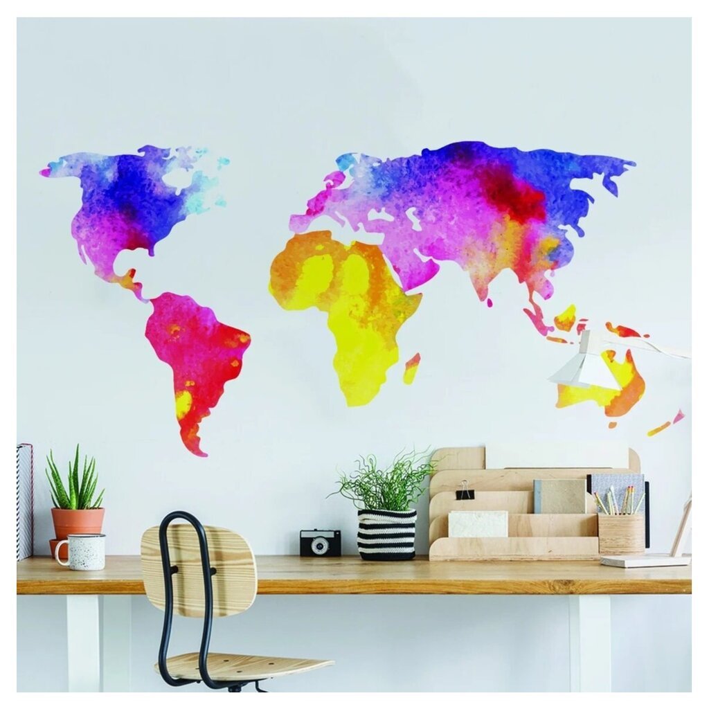 Vinila sienas uzlīme spilgtas krāsas pasaules kartes interjera dekors bērnu istabai - 140 x 76 cm cena un informācija | Dekoratīvās uzlīmes | 220.lv