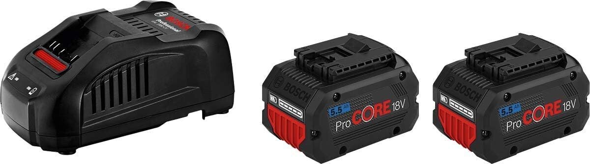 Bosch Professional 18V sistēmas akumulatora komplekts: 2x akumulatora prokore18v 5.5 AH (18 V, 955 g) + lādētājs Gal 1880 CV (lādējot strāvu 8 A) цена и информация | Akumulatori putekļu sūcējiem | 220.lv