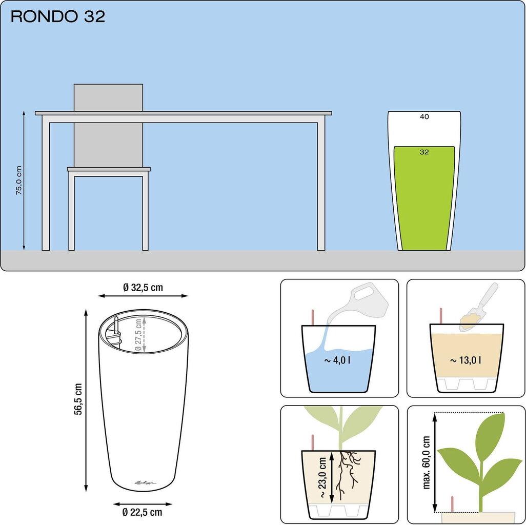 Puķu pods Lechuza Rondo 32,5 x 56,5 cm cena un informācija | Puķu podi | 220.lv