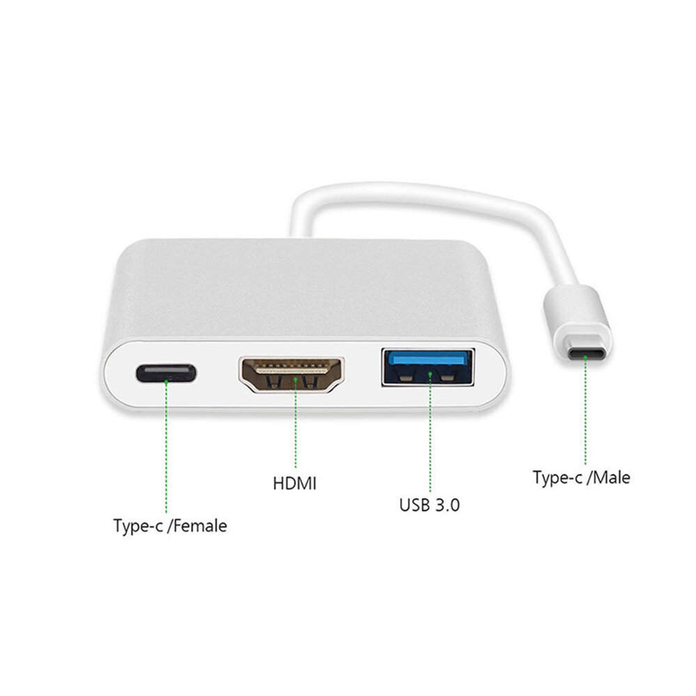 Adapteris - C tips uz HDMI 4K*2K, USB, USB tips C - metāls 0,25 metri balts цена и информация | Adapteri un USB centrmezgli | 220.lv