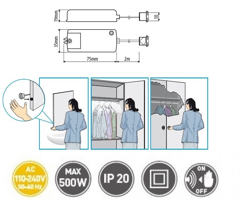 Divu ātrumu bezkontakta slēdzis (slēdža tips apgaismojumam), maks. 500 W, AC220–240 V, 50/60 Hz, IP20 AE-WBEZDC-10S cena un informācija | Elektrības slēdži, rozetes | 220.lv