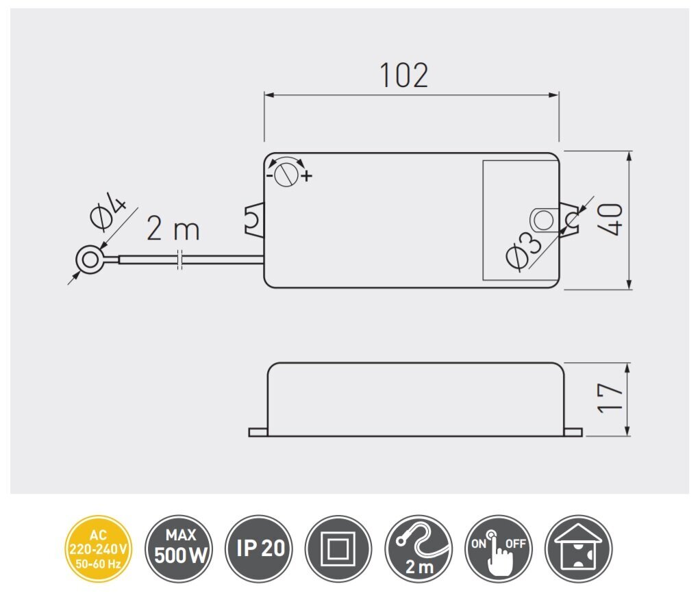 Jūgvārpstas skārienslēdzis, 230V, maks.500W (ar skrūvi), 2m kabelis AE-WBEZDK15-10 cena un informācija | Elektrības slēdži, rozetes | 220.lv