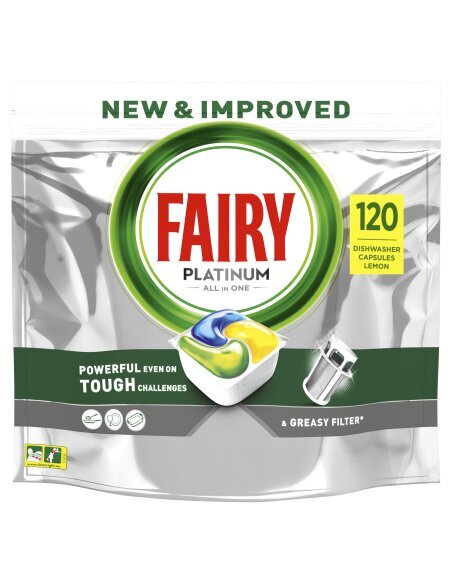 Fairy Platinum All in One Tabletes Trauku Mašīnai Lemon, 120 Tabletes cena un informācija | Trauku mazgāšanas līdzekļi | 220.lv