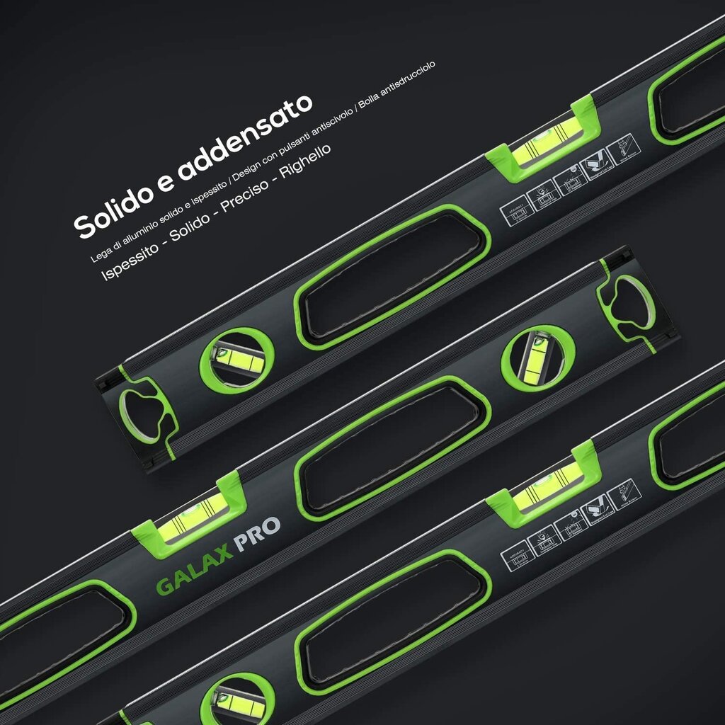 GALAX PRO līmeņi, metriskais lineāls, alumīnija rāmis, iekarināšanas caurums, mīksti gumijas gali, horizontāli/vertikālie mērījumi/45° (precizitāte: 0,5 mm/m, 600 mm/9 collas) cena un informācija | Rokas instrumenti | 220.lv