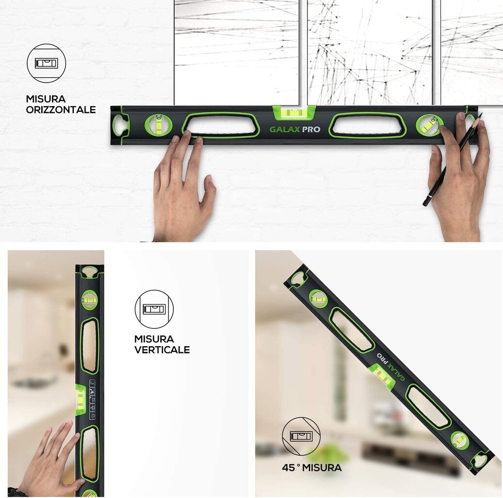 GALAX PRO līmeņi, metriskais lineāls, alumīnija rāmis, iekarināšanas caurums, mīksti gumijas gali, horizontāli/vertikālie mērījumi/45° (precizitāte: 0,5 mm/m, 600 mm/9 collas) cena un informācija | Rokas instrumenti | 220.lv