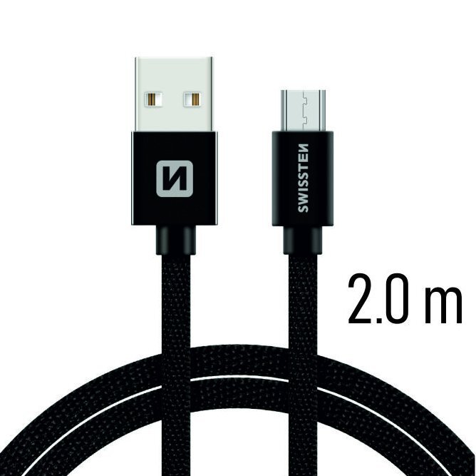 Swissten Textile Universāls Micro USB Datu un Uzlādes Kabelis 2.0m Melns cena un informācija | Savienotājkabeļi | 220.lv