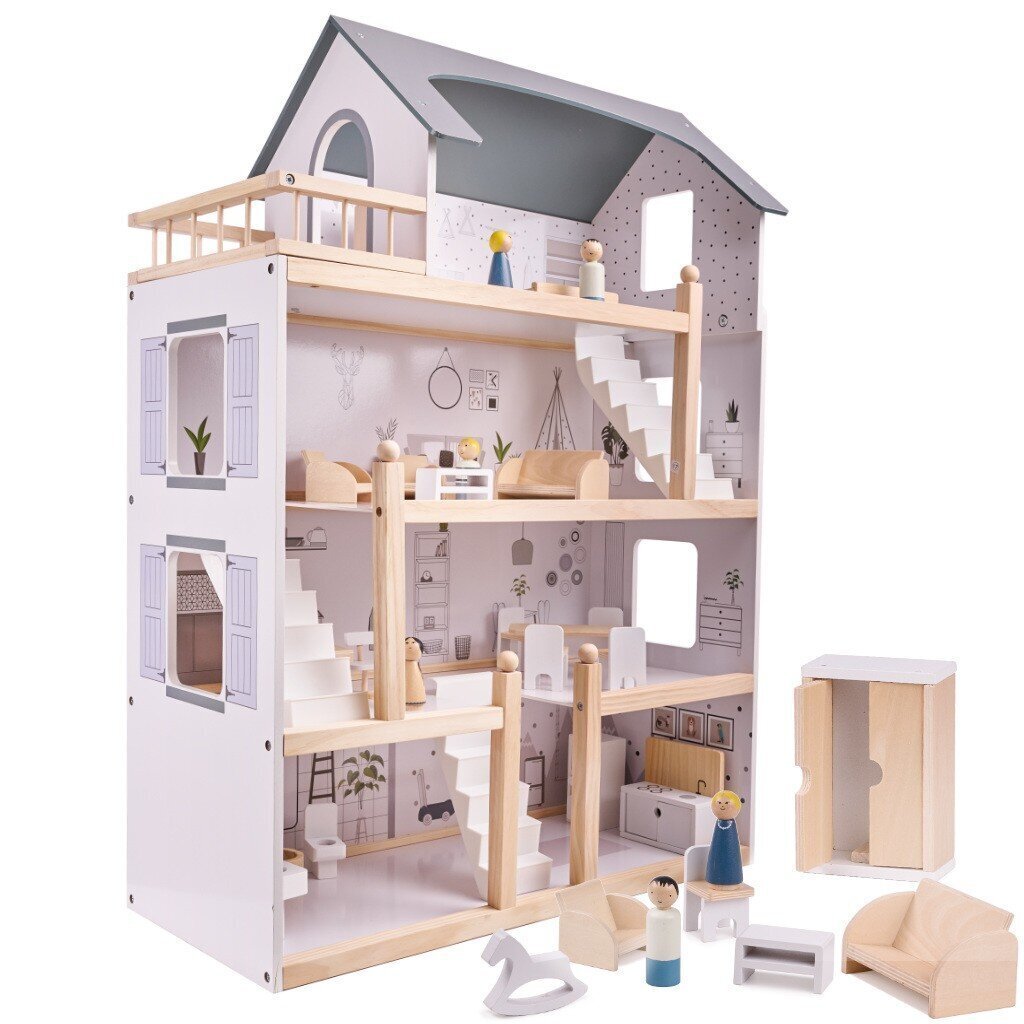 Koka leļļu namiņš ar mēbelēm, 80 cm cena un informācija | Rotaļlietas meitenēm | 220.lv