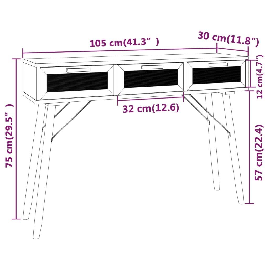 vidaXL konsoles galds, balts, 105x30x75 cm, priedes koks, rotangpalma цена и информация | Konsoles galdiņi | 220.lv