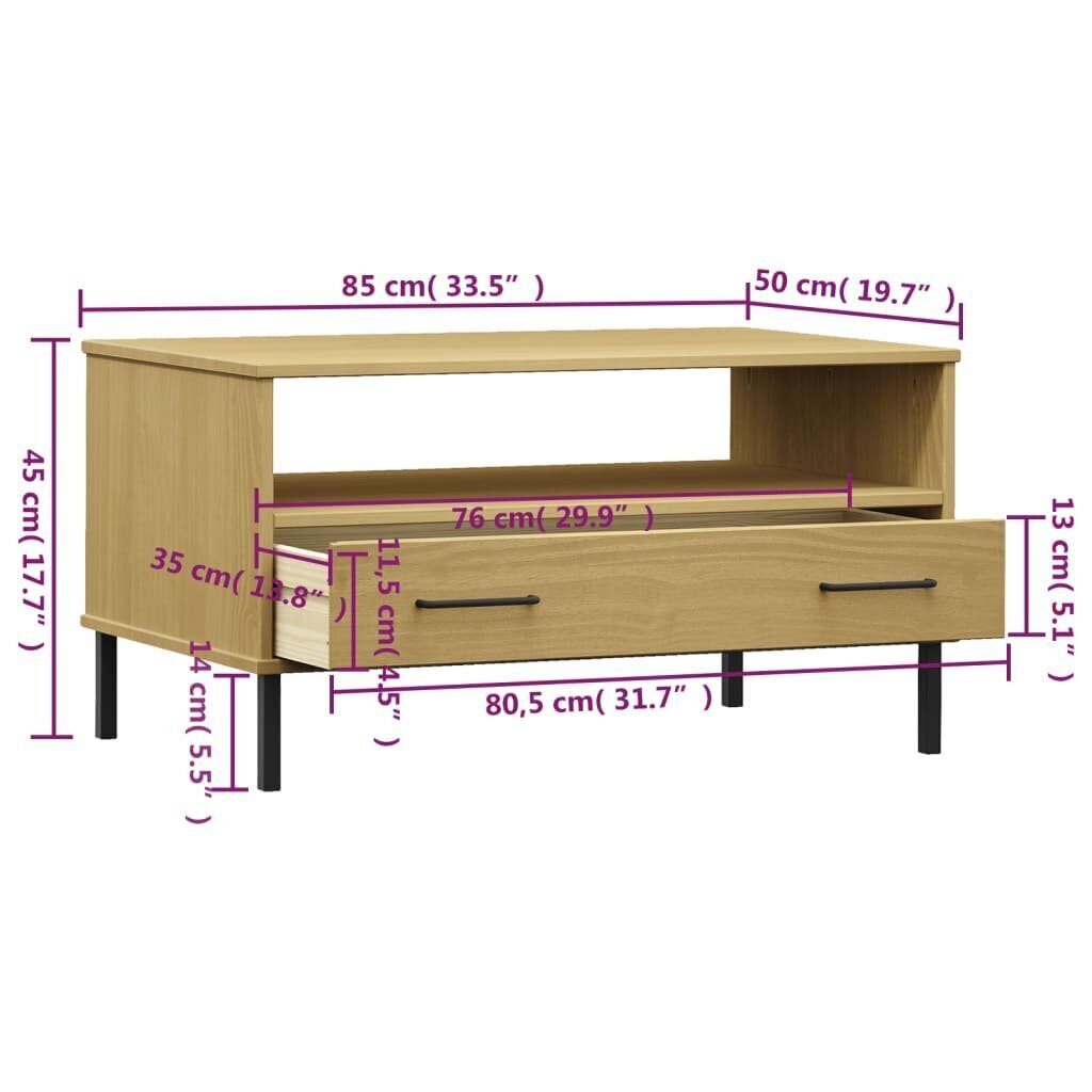 vidaXL kafijas galdiņš ar metāla kājām OSLO, brūns, 85x50x45cm, koks cena un informācija | Žurnālgaldiņi | 220.lv